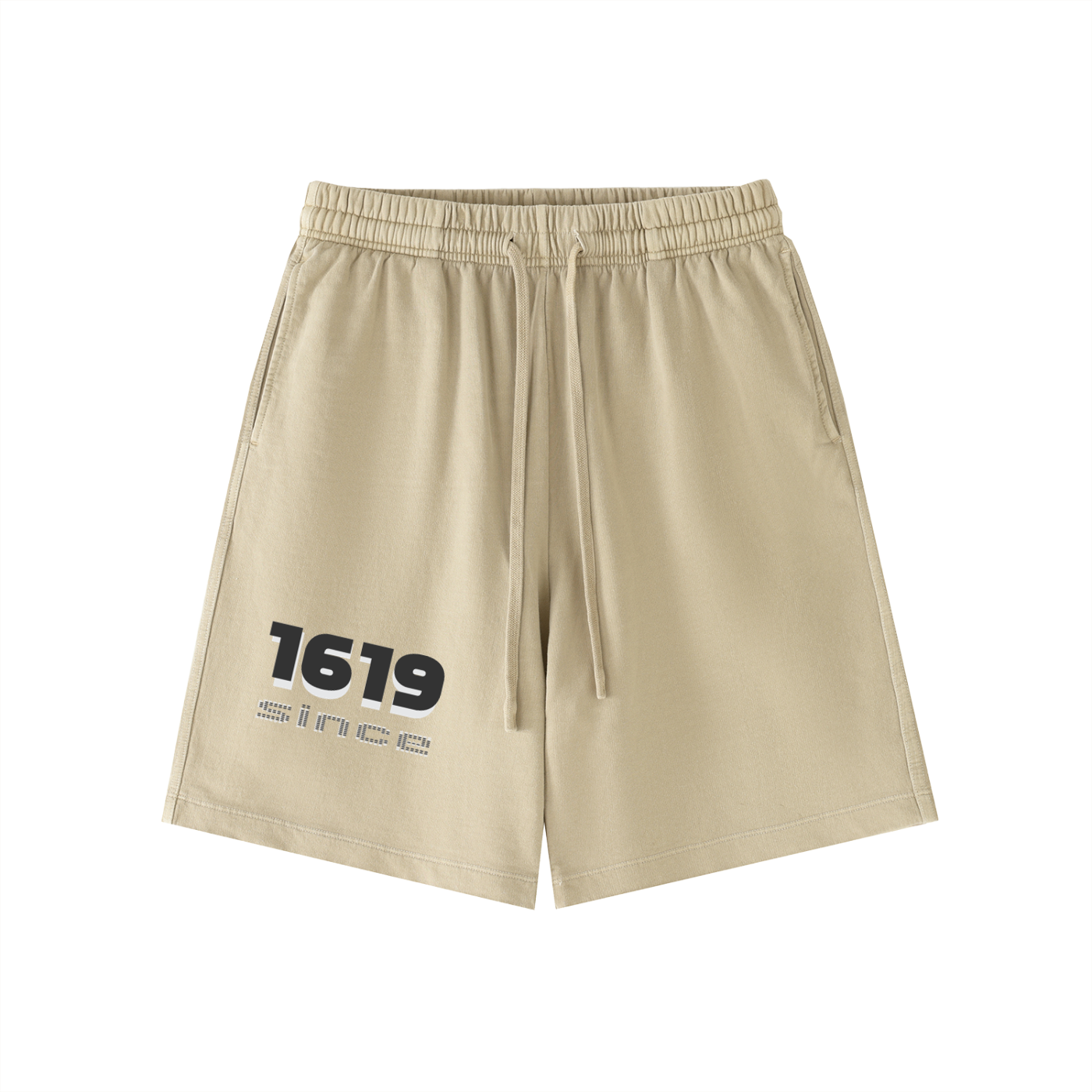Desert sand shorts with 1619 Since logo on. 
