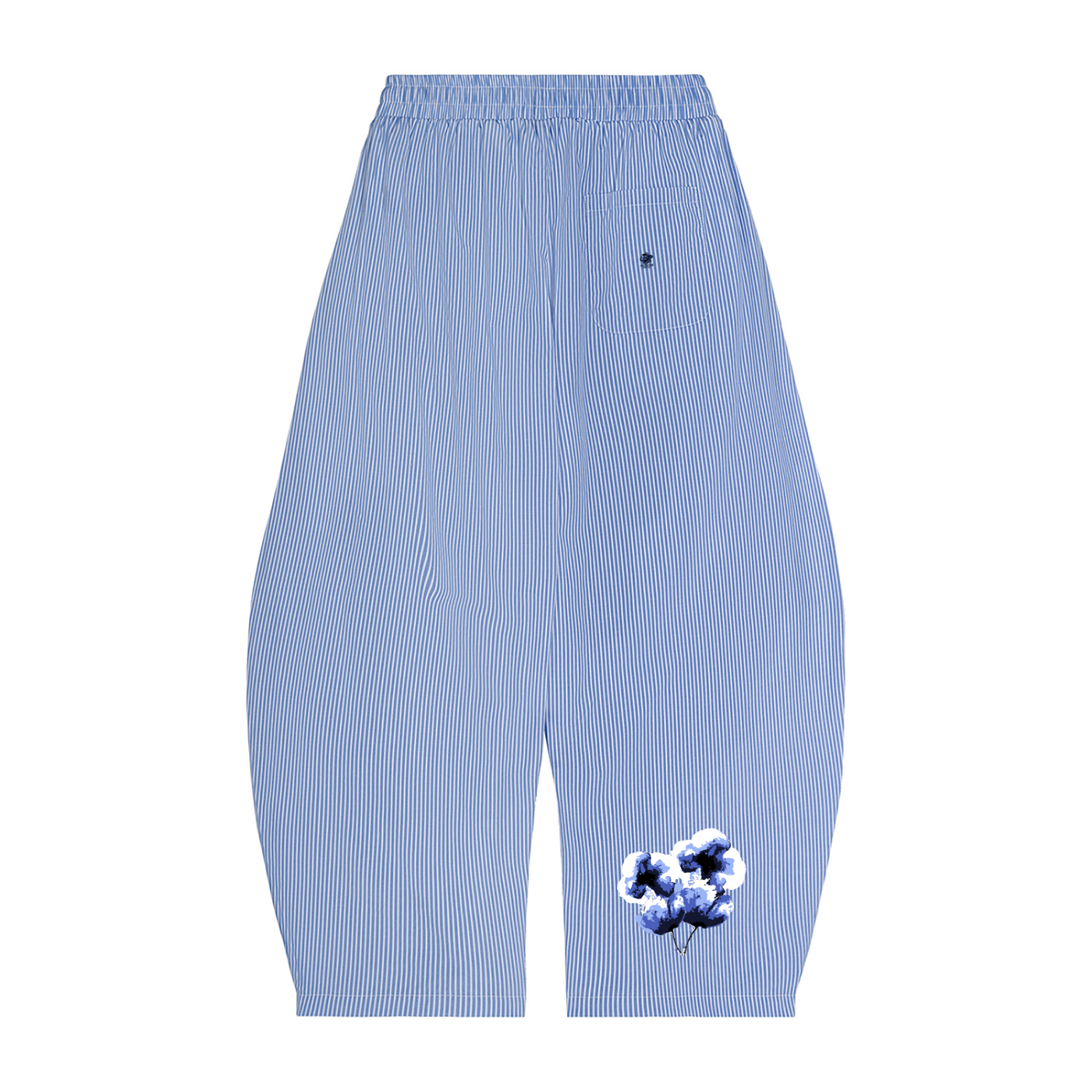 Blue striped pants with floral design on a white background