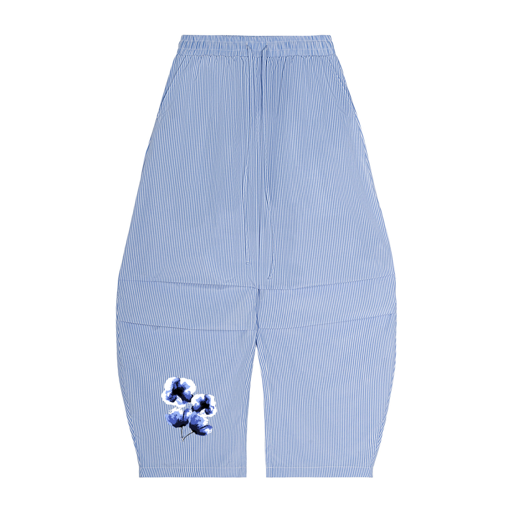Blue and white striped pants with floral embroidery on a white background