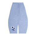 Blue and white striped pants with floral embroidery on a white background