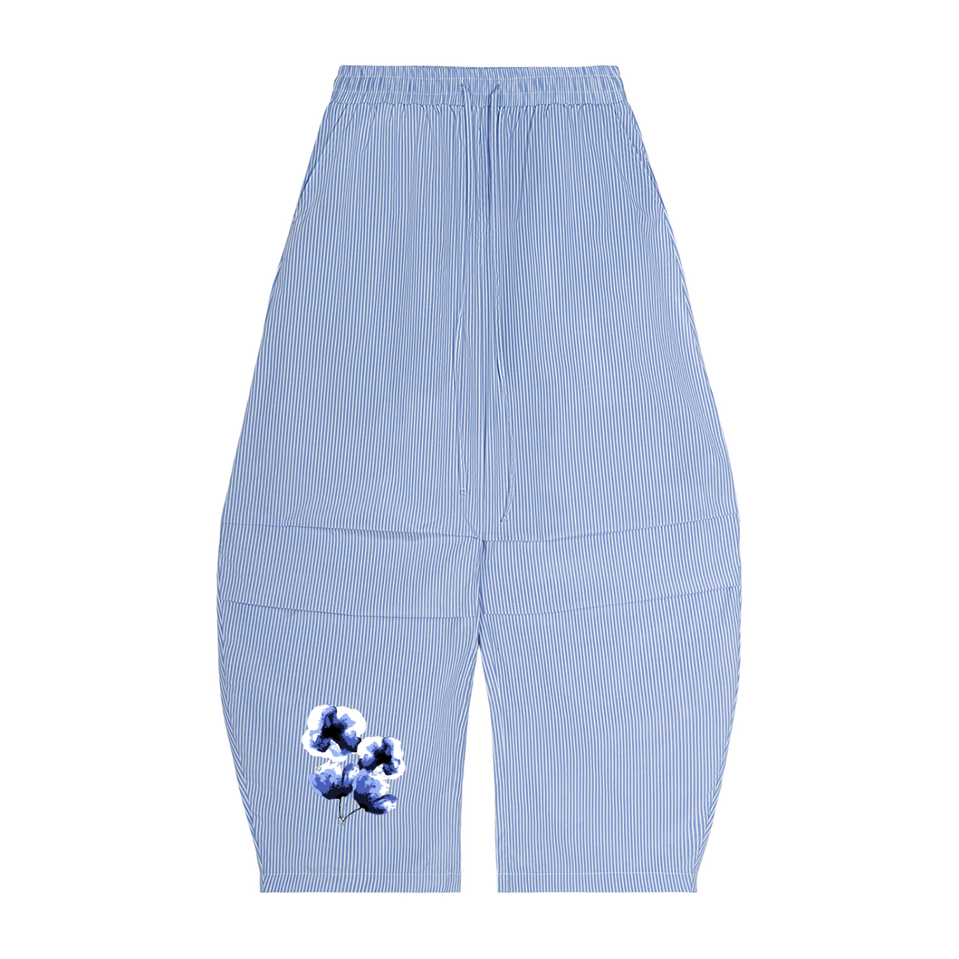 Blue and white striped pants with floral embroidery on a white background