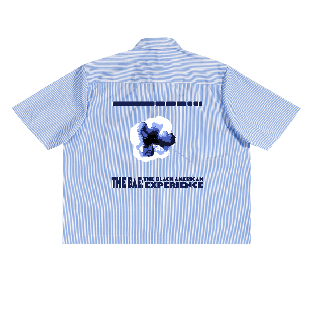 Blue striped shirt with graphic design and Black American Experience logo.