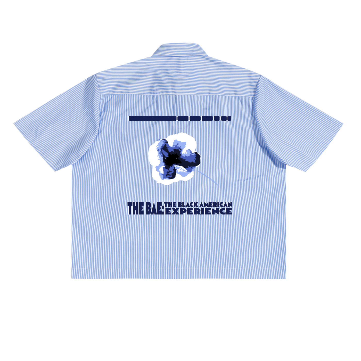 Blue striped shirt with graphic design and Black American Experience logo.