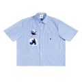 Blue and white striped shirt with floral design.
