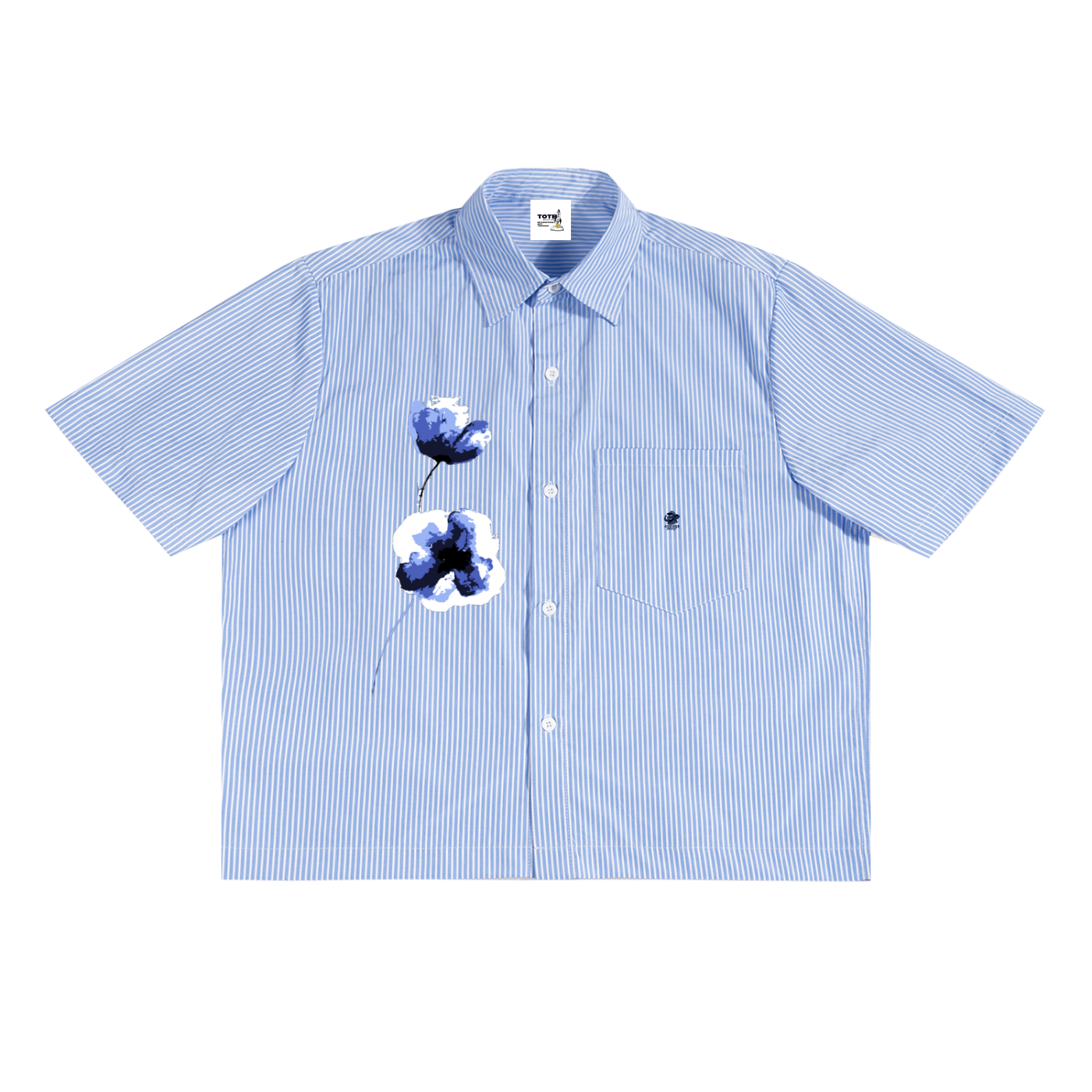 Blue and white striped shirt with floral design.