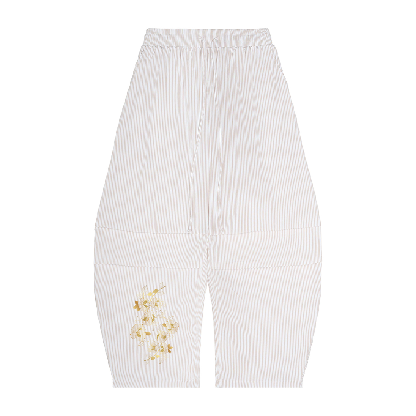 Apricot ribbed pants with gold floral embroidery on a white background