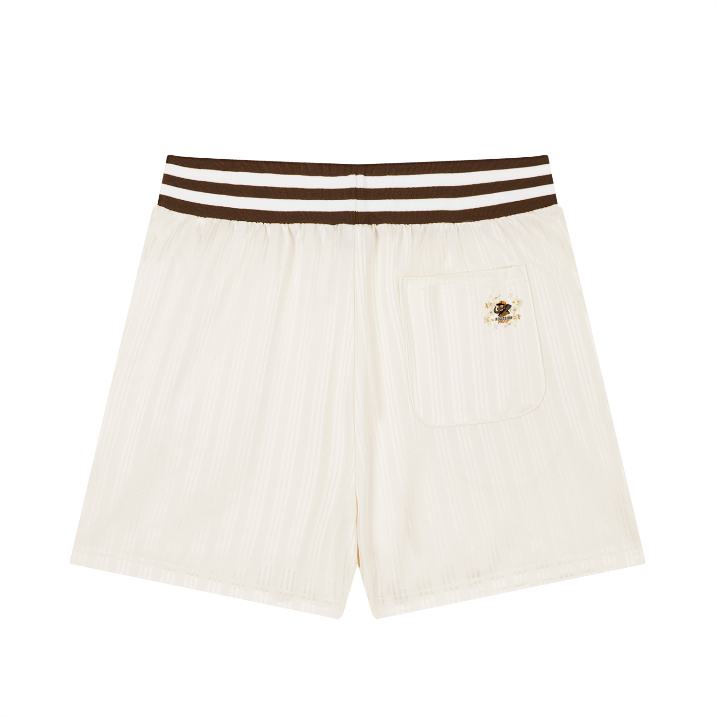 Apricot shorts with a stripped waistband.