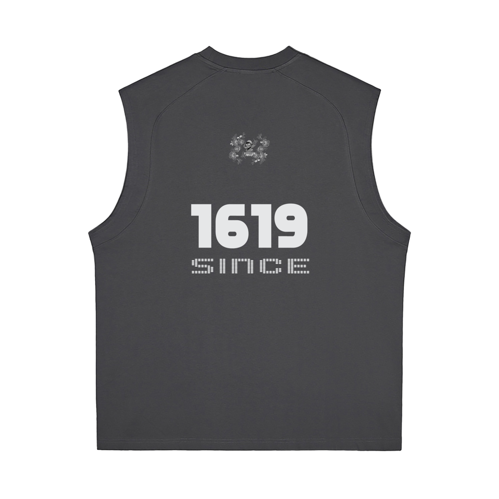 Black sleeveless shirt with '1619 Since' logo