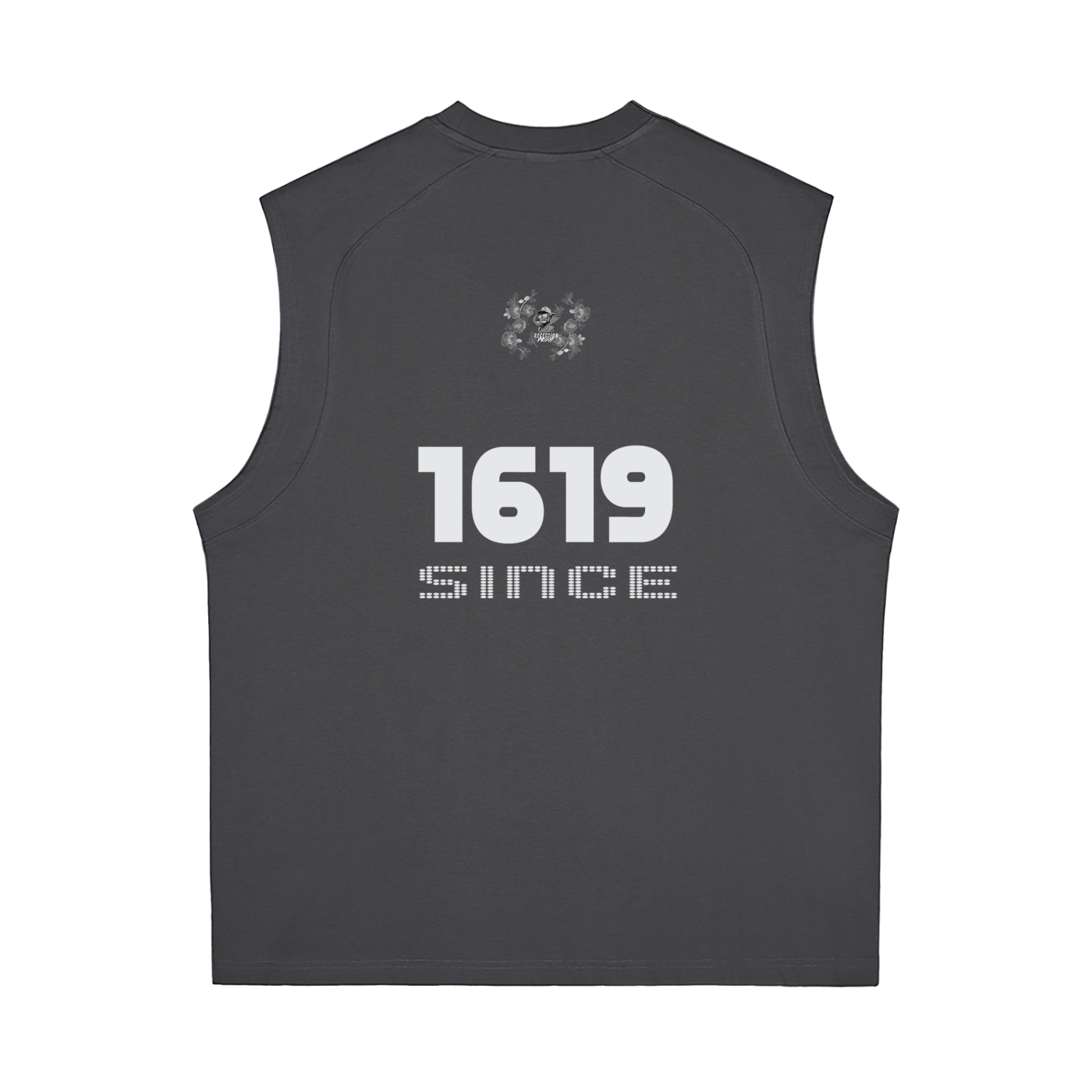 Black sleeveless shirt with '1619 Since' logo