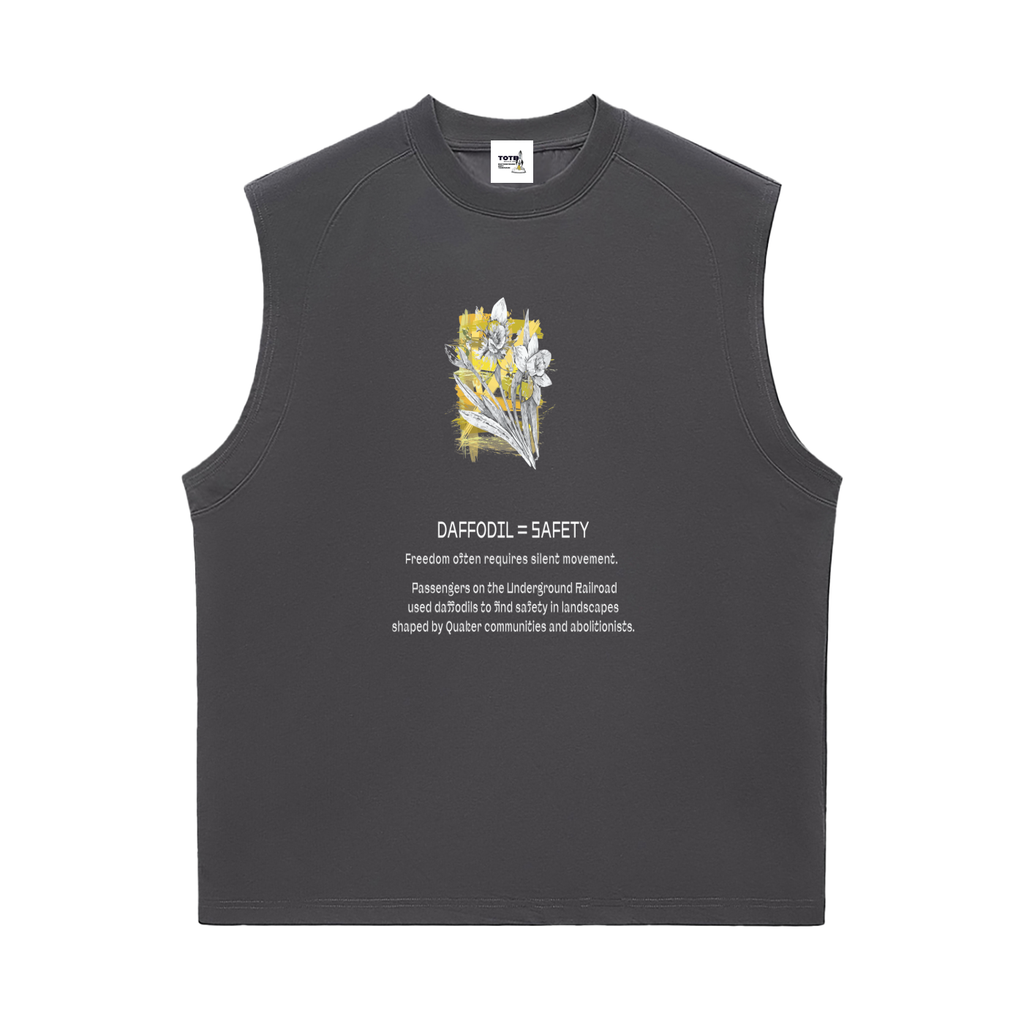 Black sleeveless shirt with floral design and text.