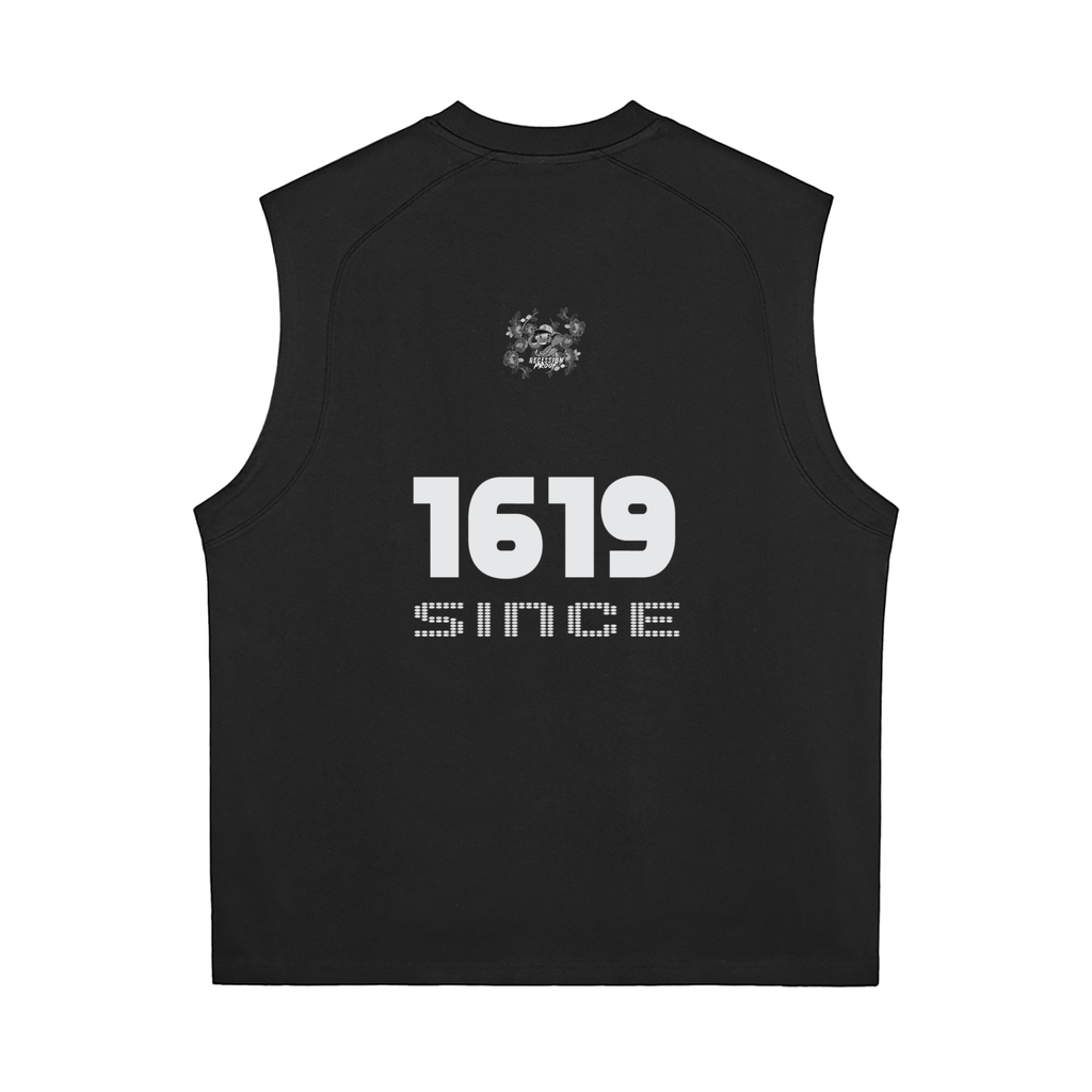 Black sleeveless shirt with '1619 Since' logo