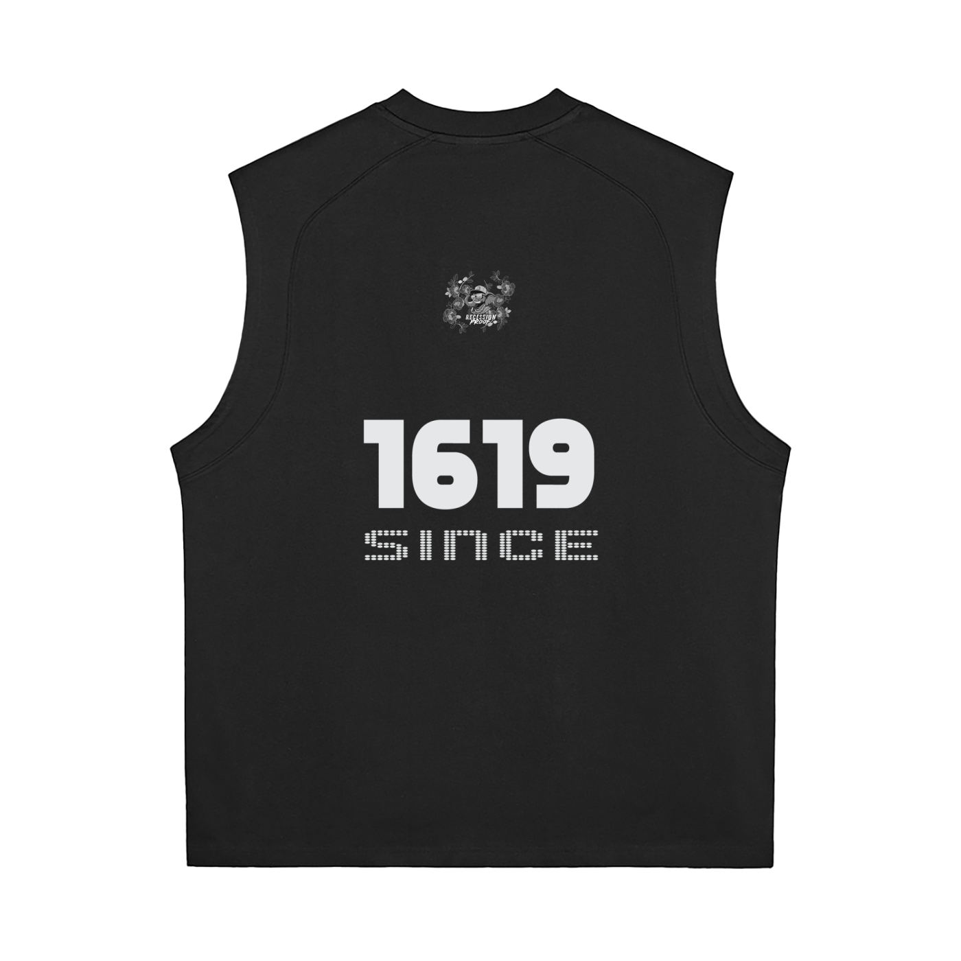 Black sleeveless shirt with '1619 Since' logo