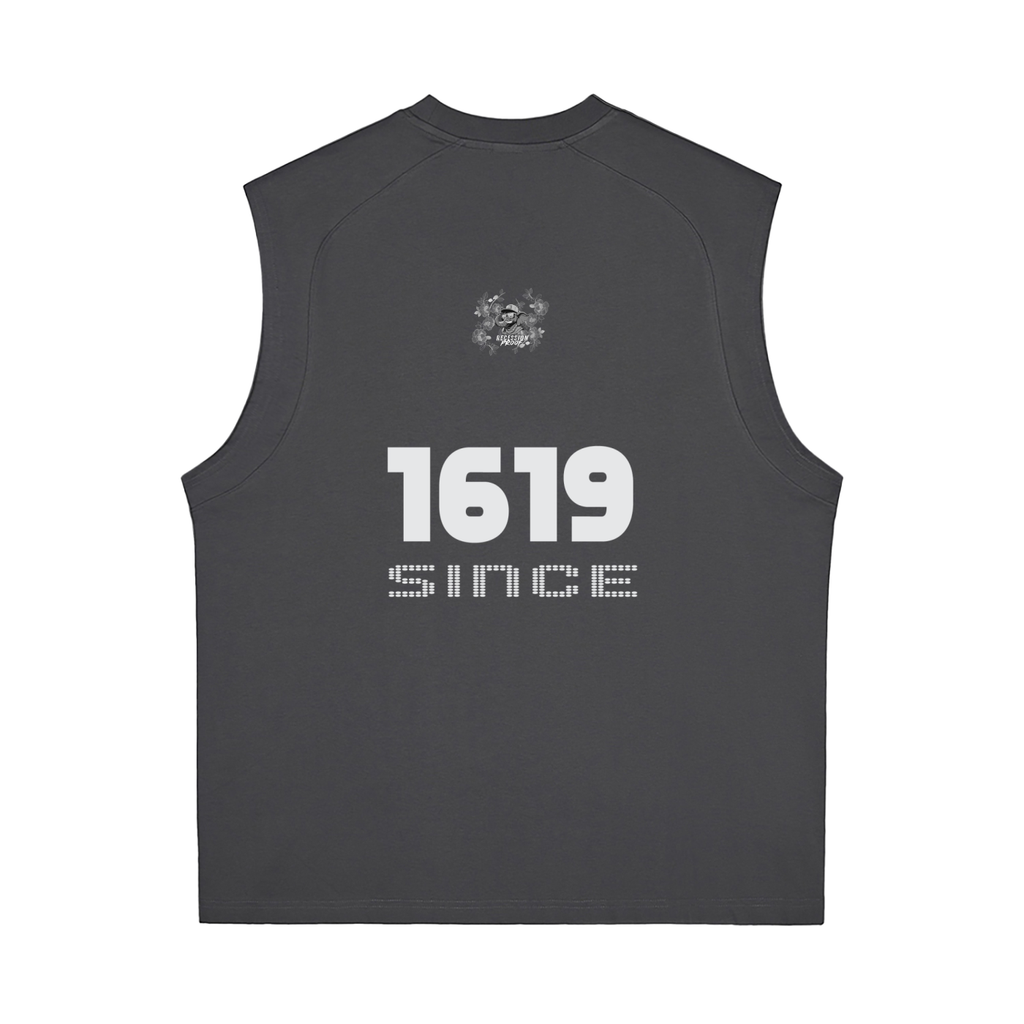 Black sleeveless shirt with '1619 Since' logo