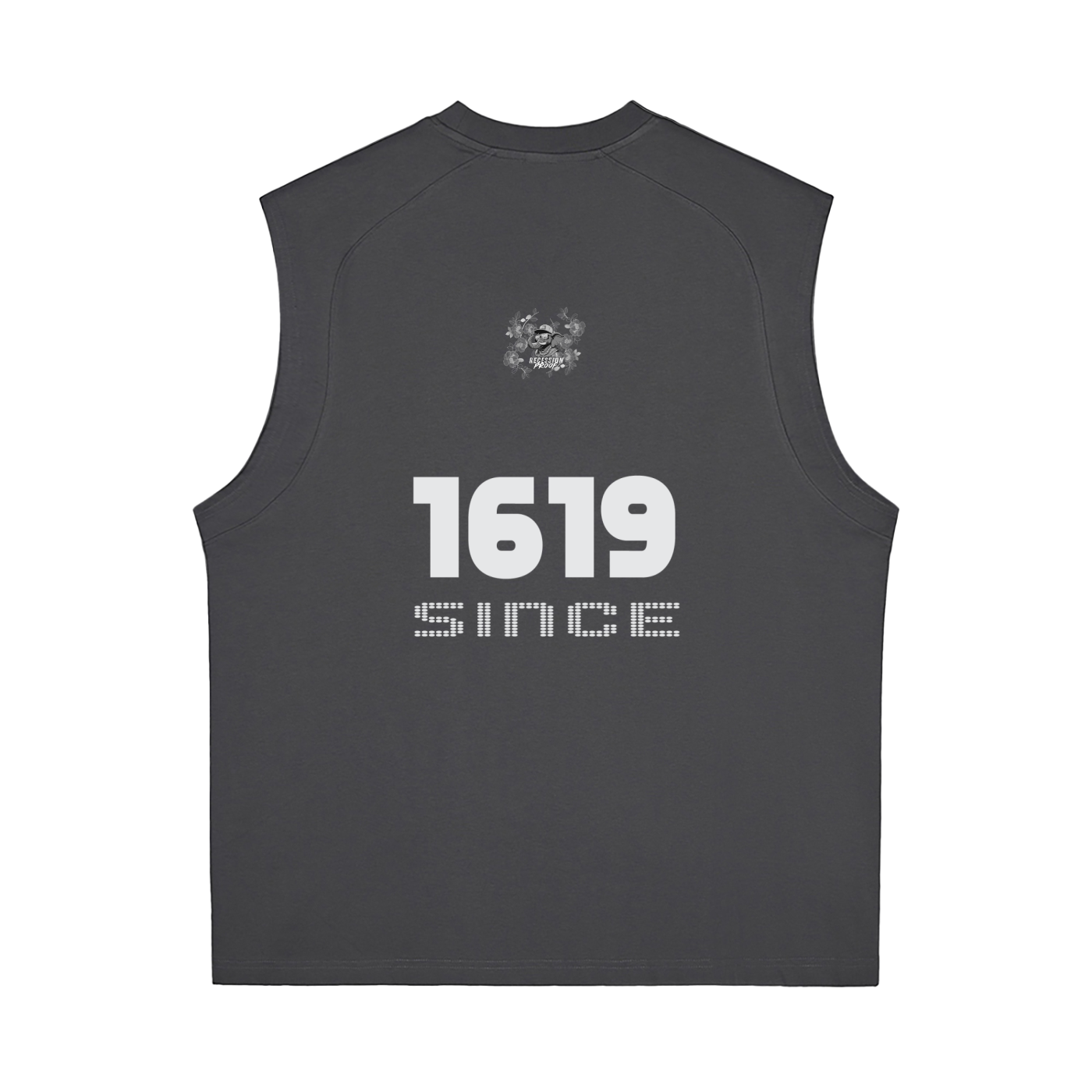 Black sleeveless shirt with '1619 Since' logo