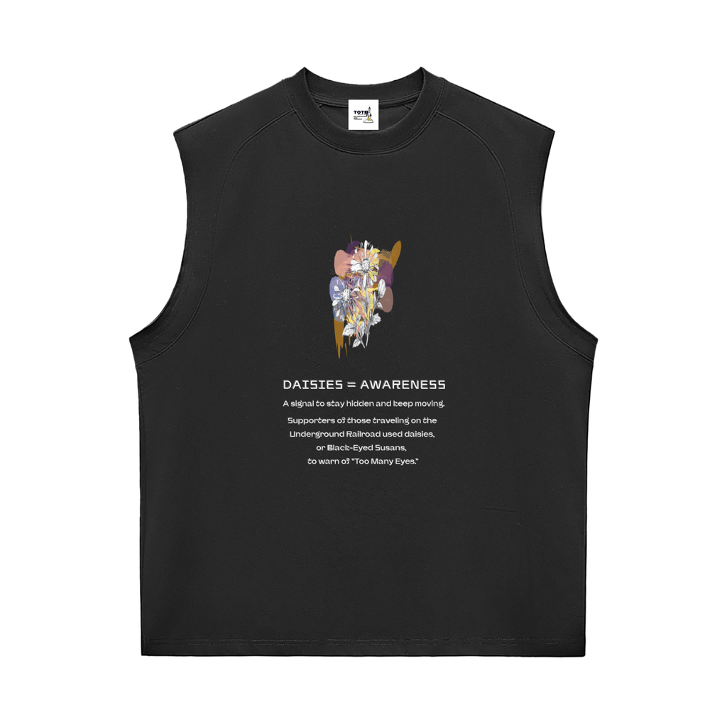Black sleeveless shirt with colorful design and text.