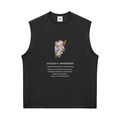 Black sleeveless shirt with colorful design and text.