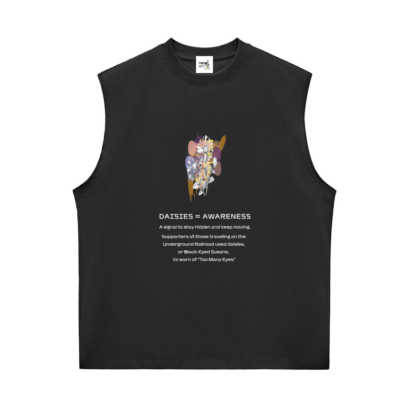Black sleeveless shirt with colorful design and text.