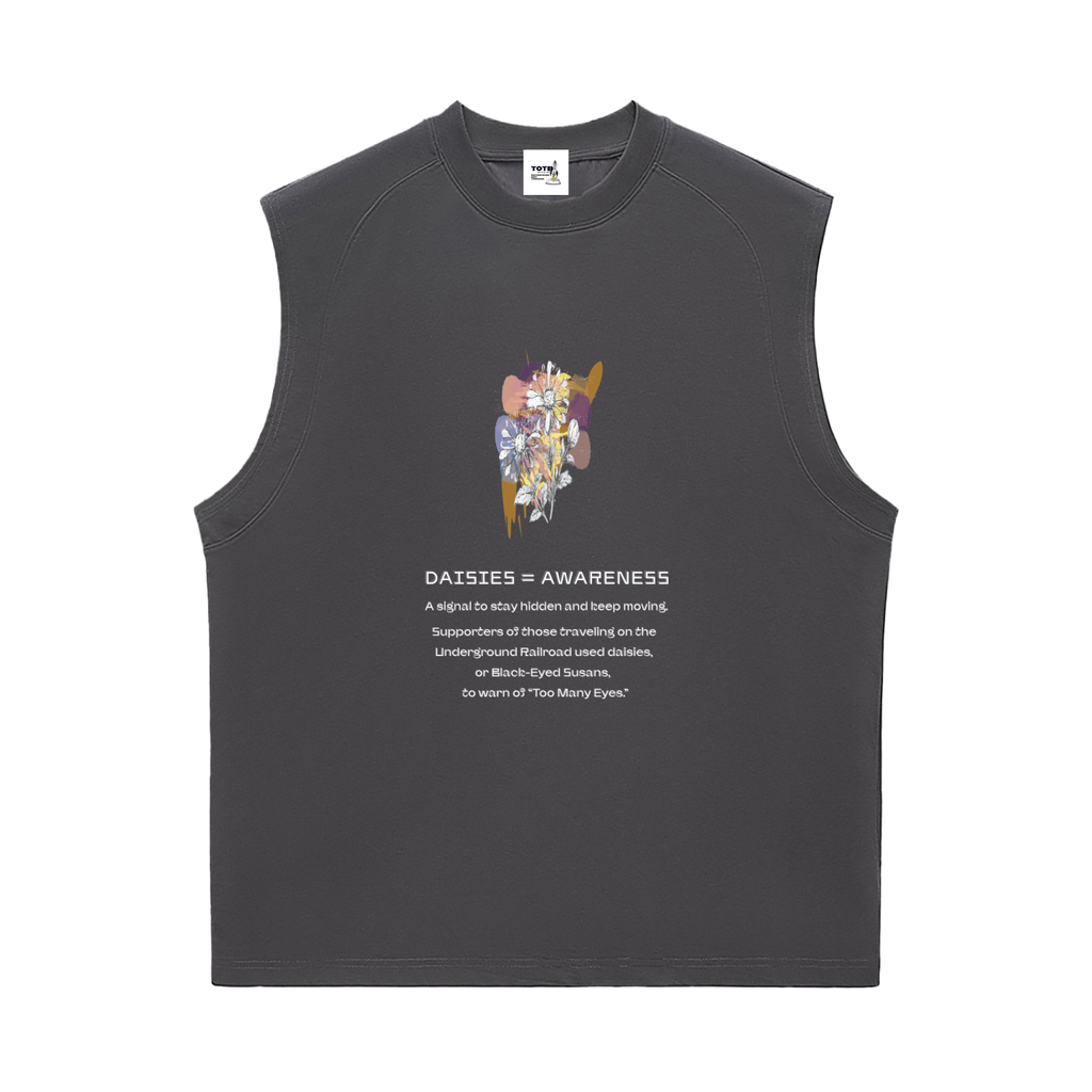 Black sleeveless shirt with colorful graphic and text.