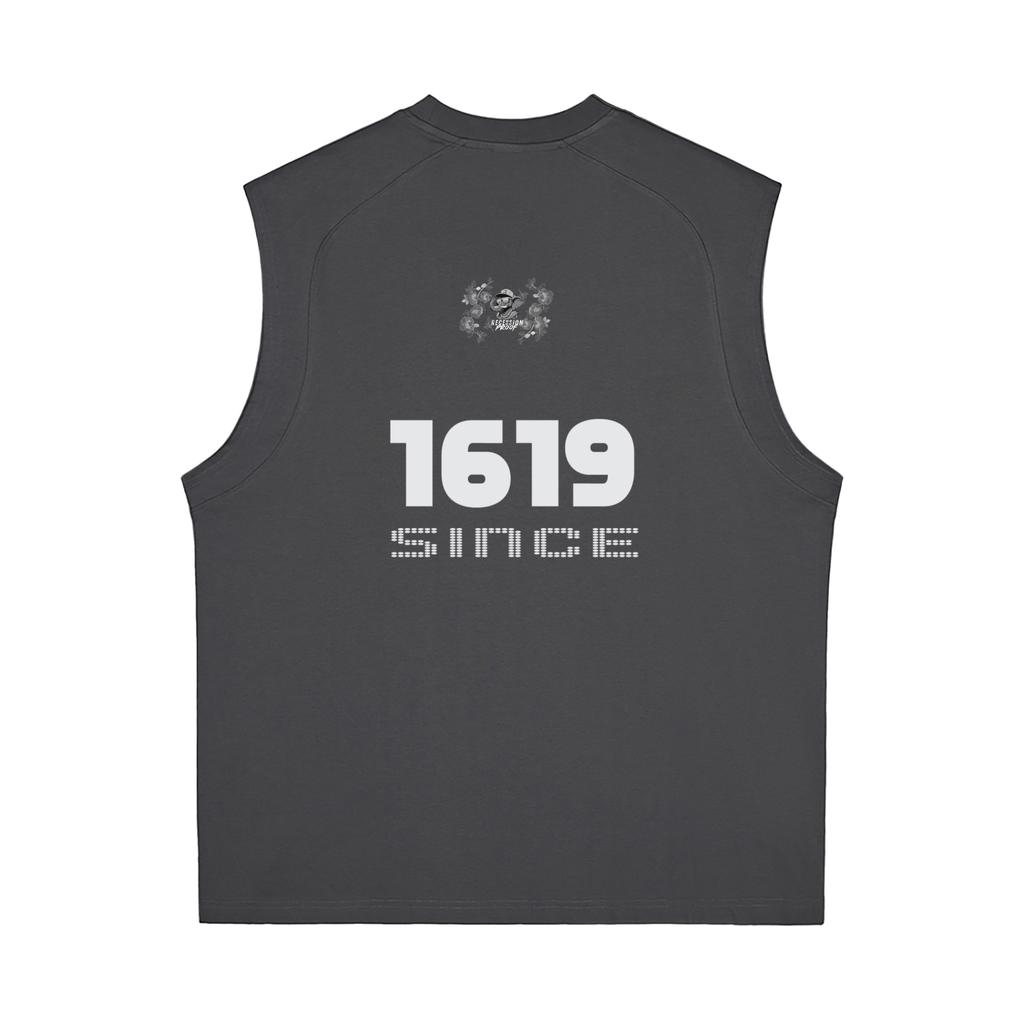 Black sleeveless shirt with '1619 Since' logo