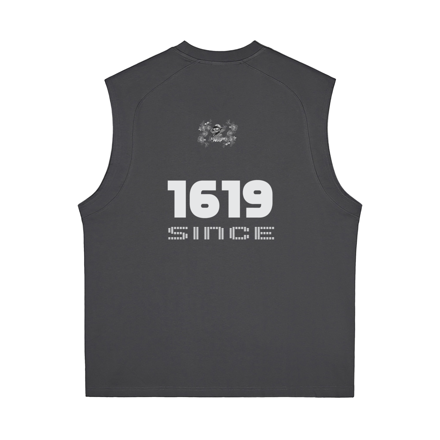 Black sleeveless shirt with '1619 Since' logo