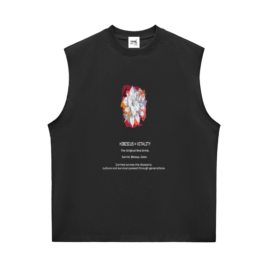 Black sleeveless shirt with a colorful graphic.