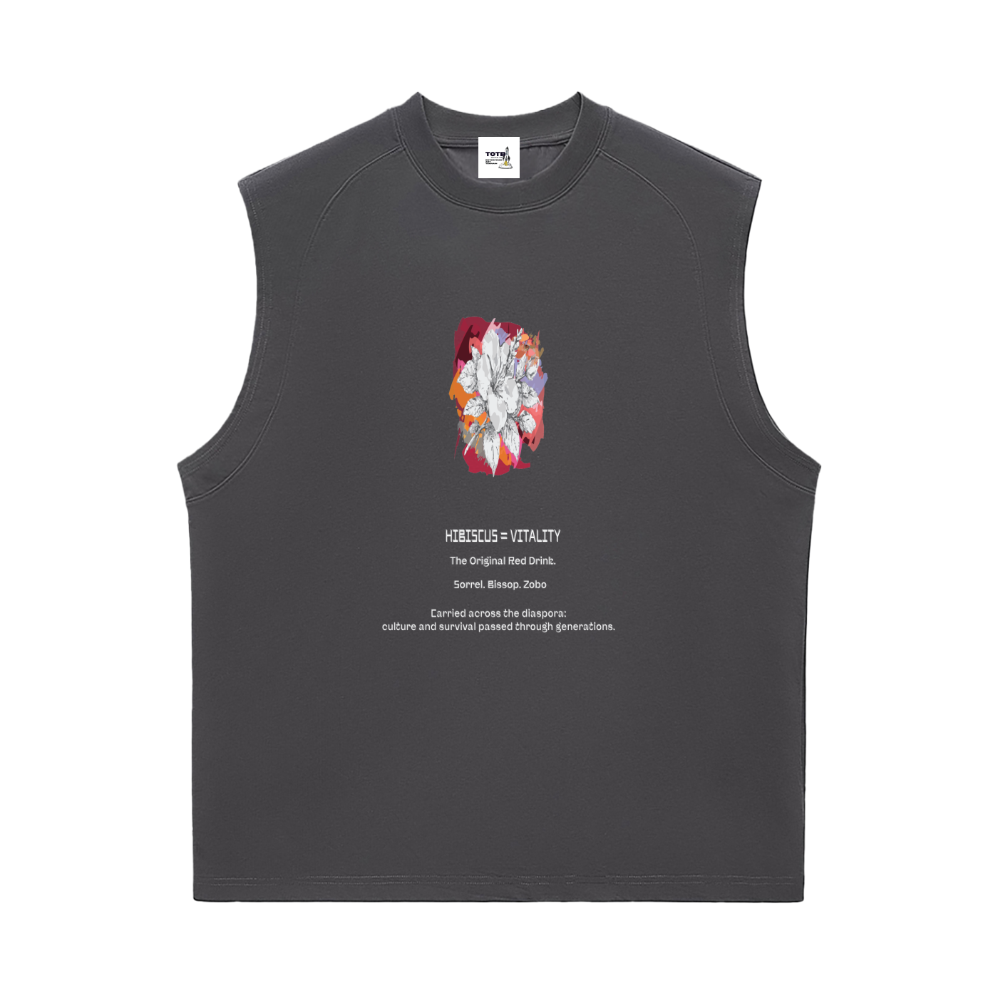 Black sleeveless shirt with colorful graphic and text .
