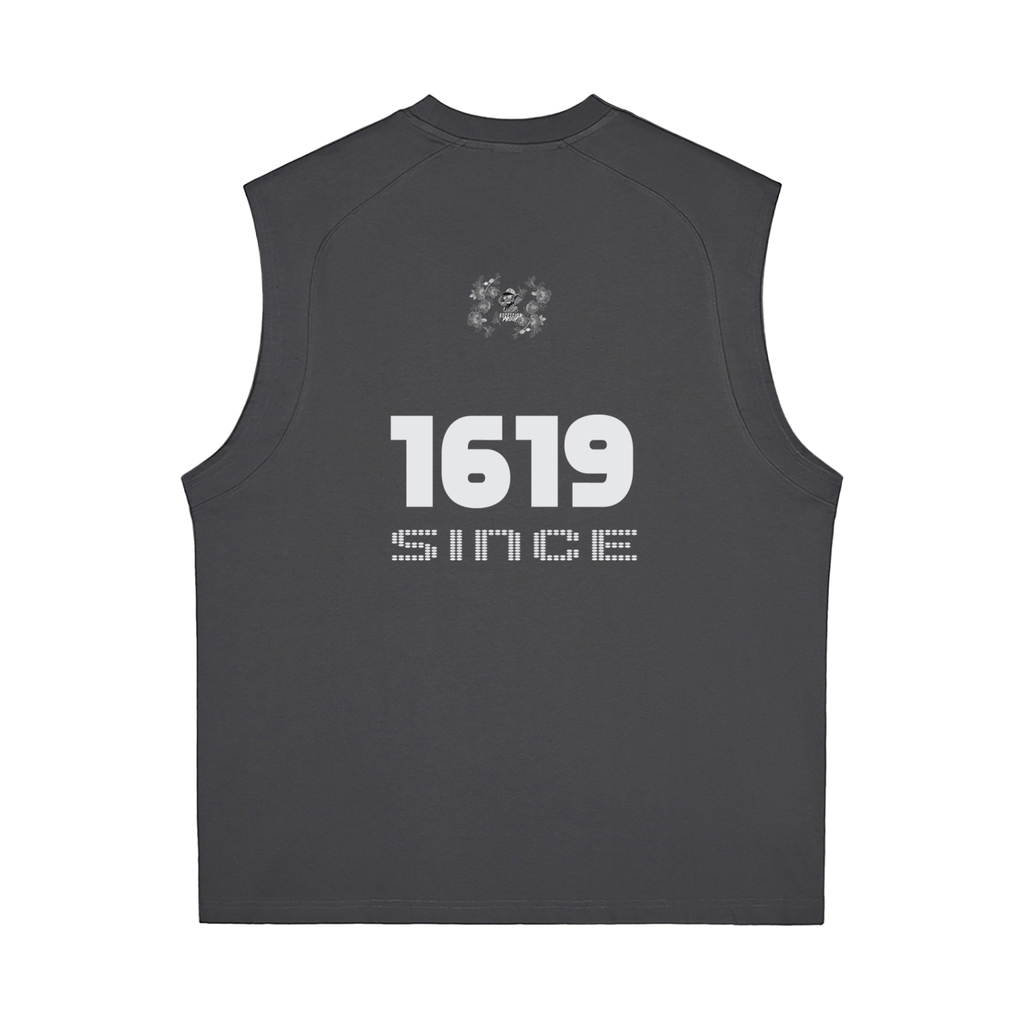 Black sleeveless shirt with '1619 Since' text.