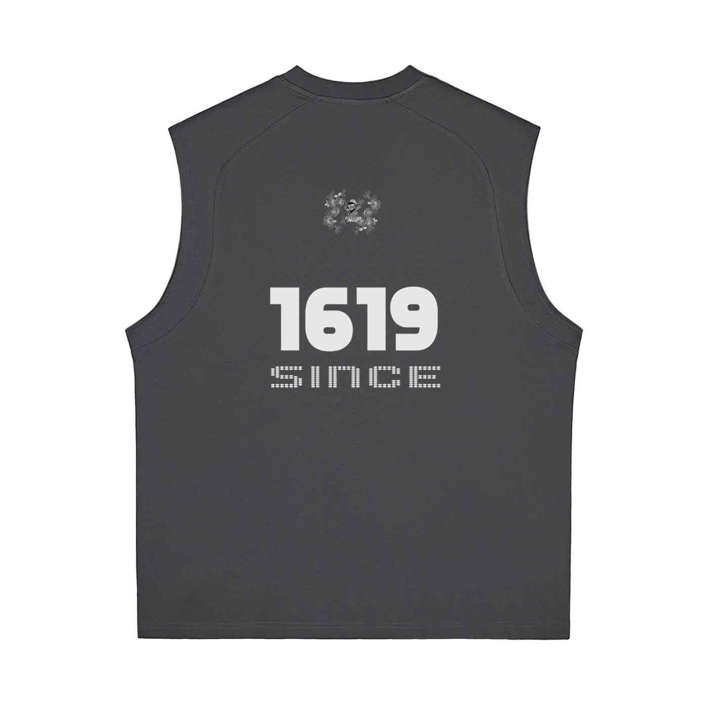 Black sleeveless shirt with '1619 Since' text.