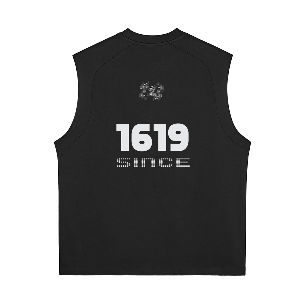 Black sleeveless shirt with text on the back.