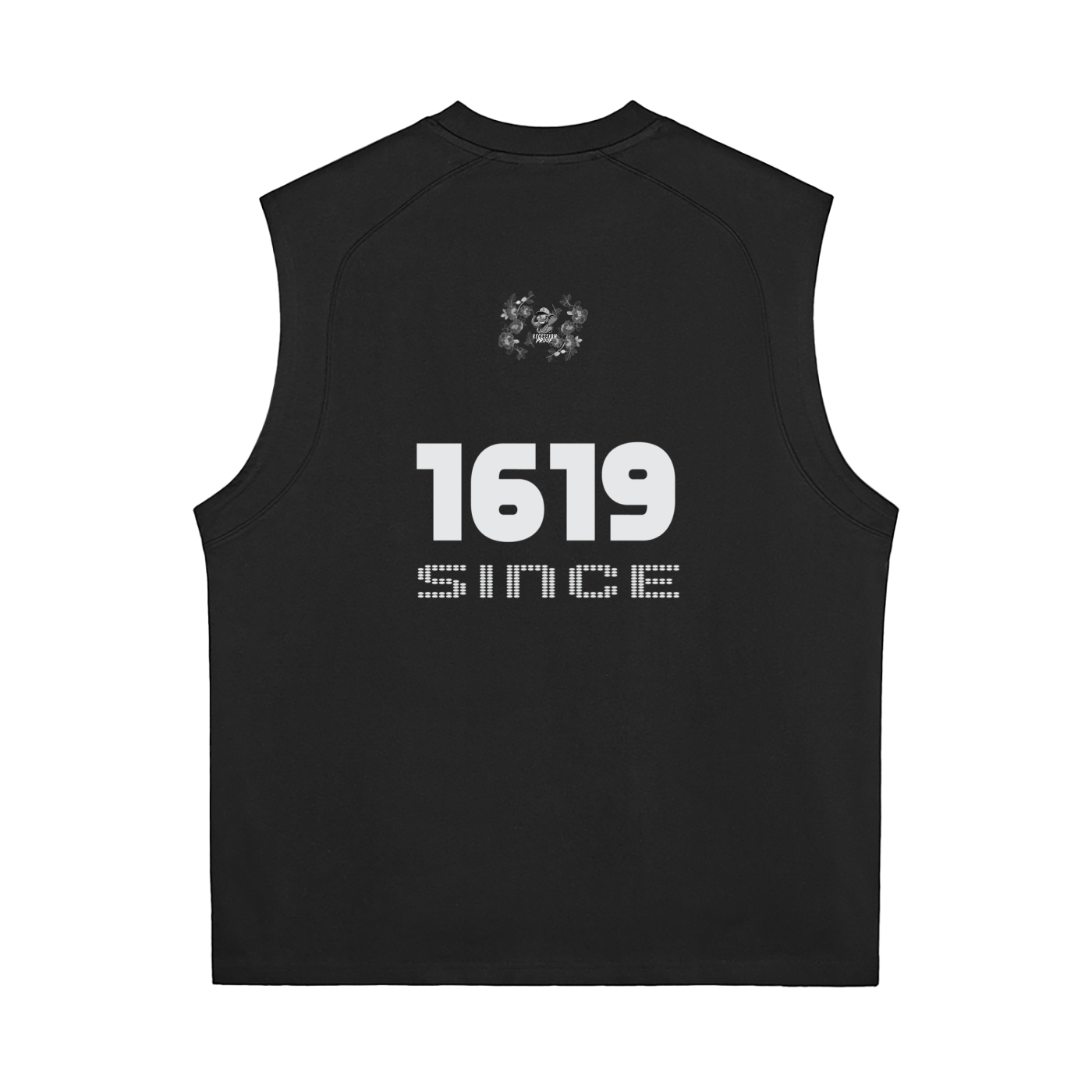 Black sleeveless shirt with text on the back.