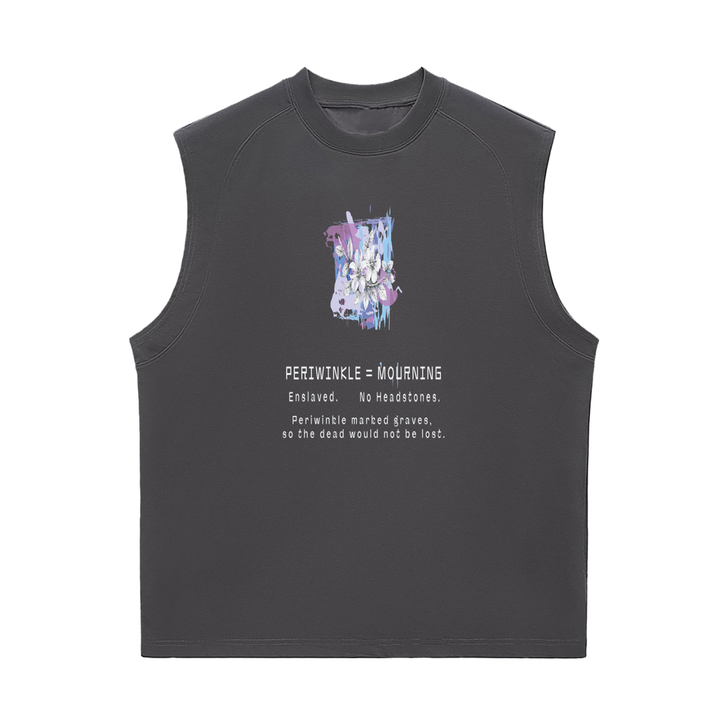 Black sleeveless shirt with graphic design and text.