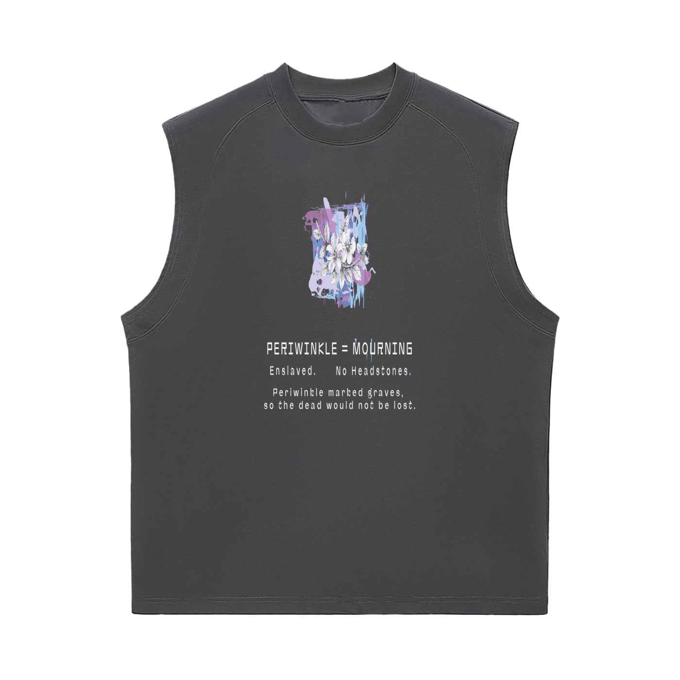 Black sleeveless shirt with graphic design and text.
