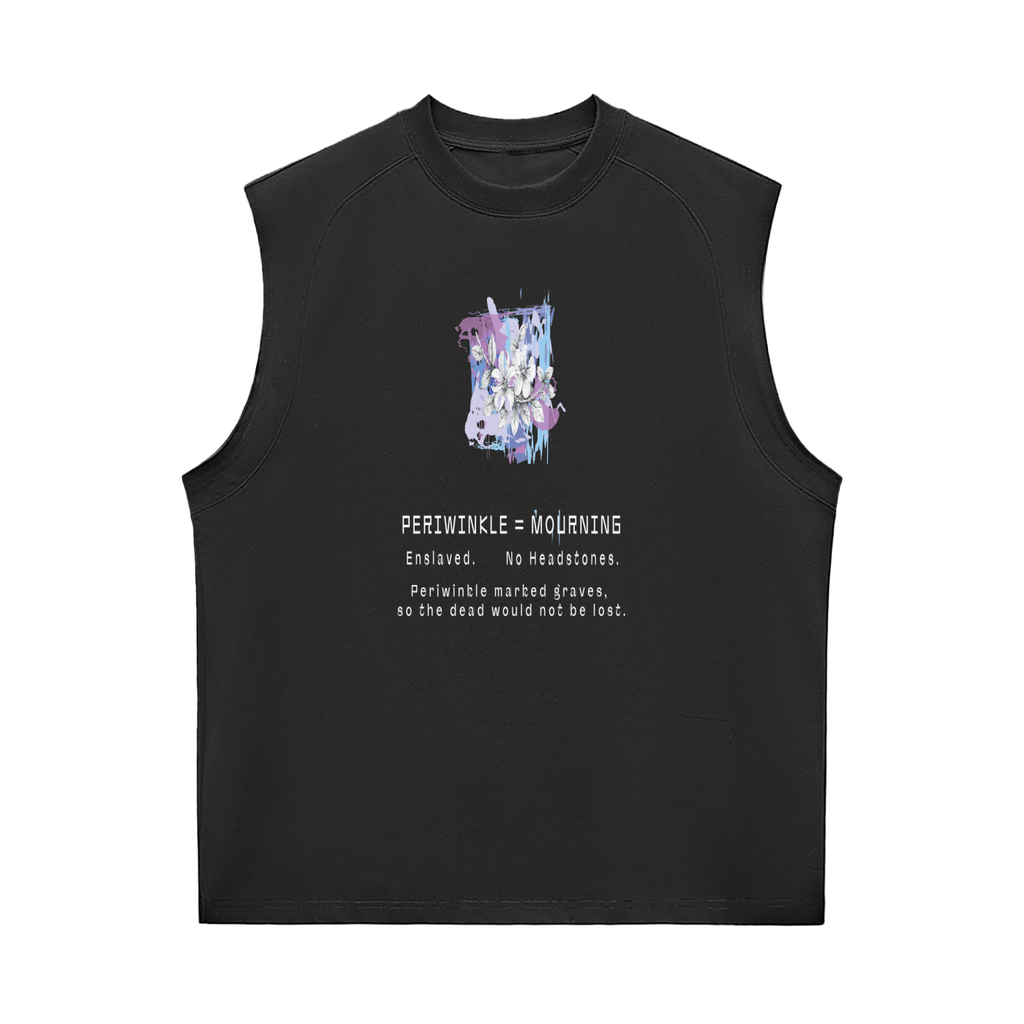 Black sleeveless shirt with graphic design and text.