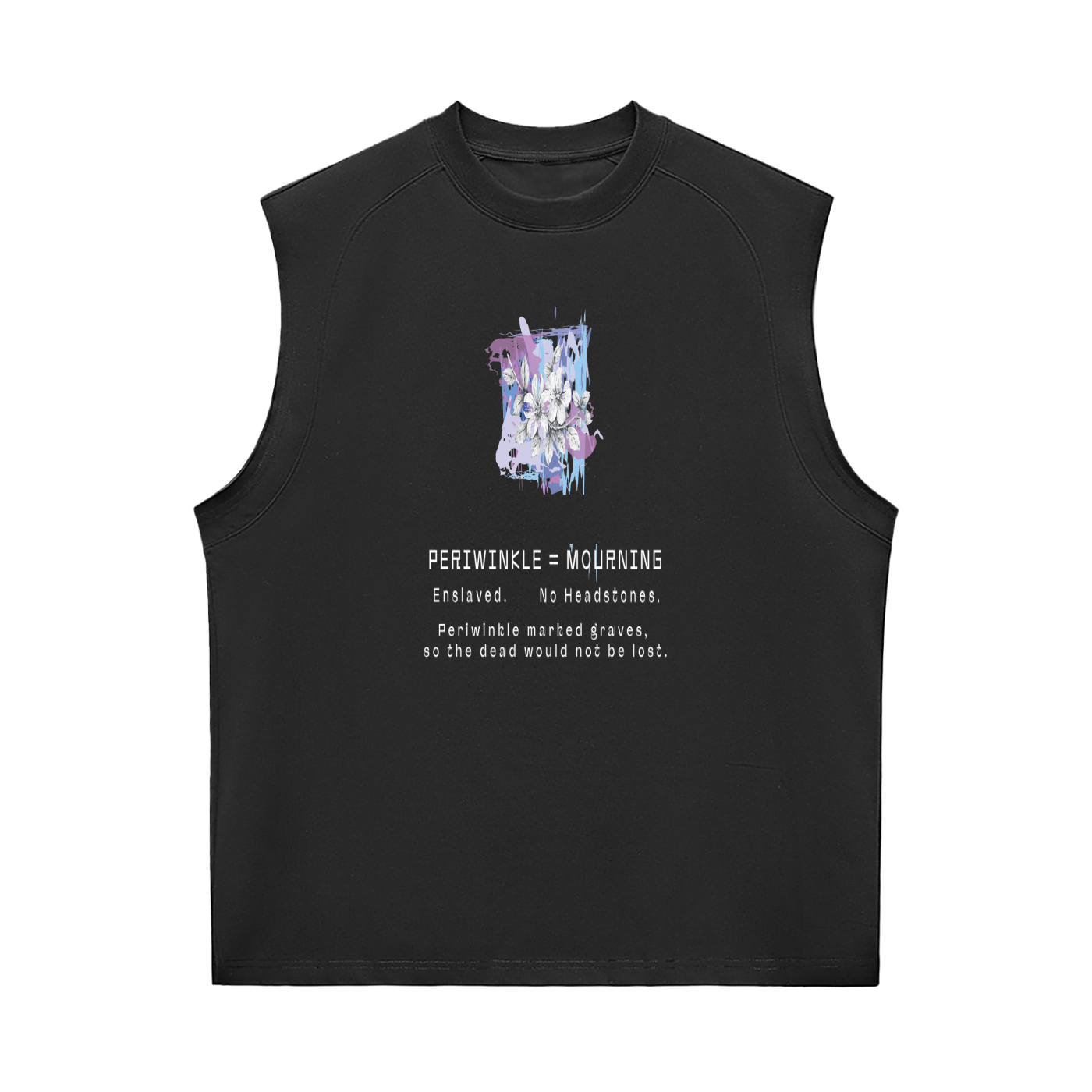 Black sleeveless shirt with graphic design and text.