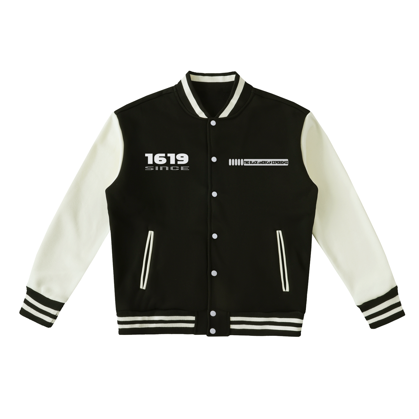 Black and white  Recession Proof Clothing Founders varsity jacket with text.