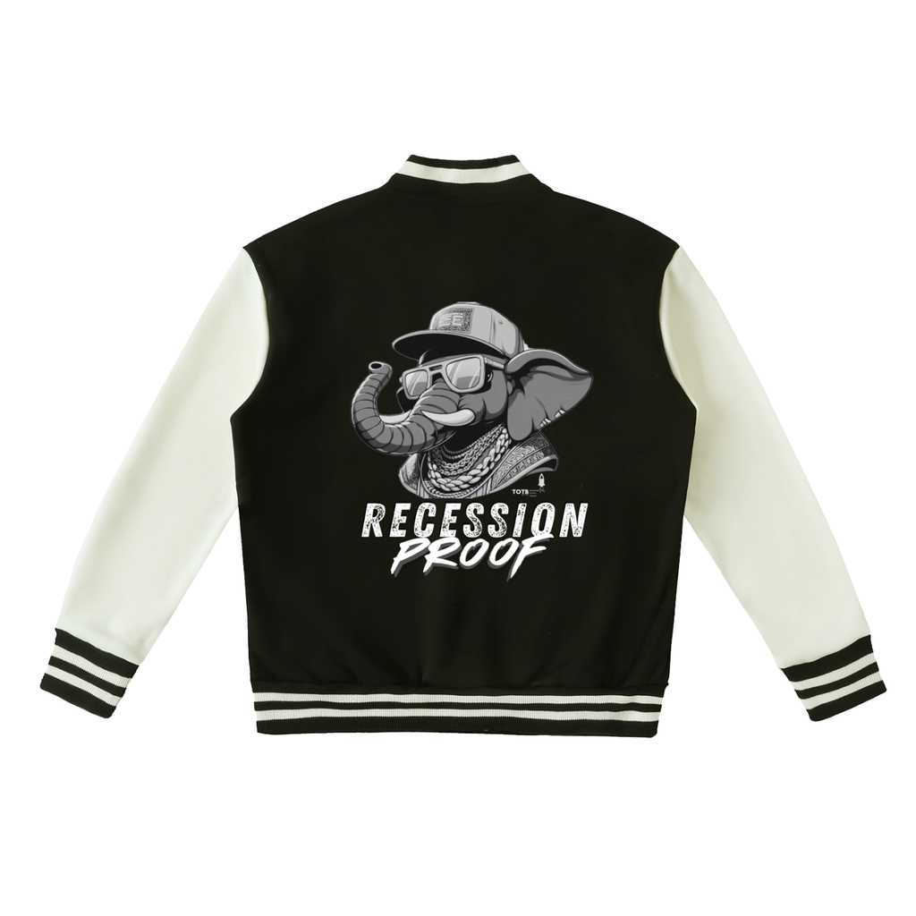 Black and white  Recession Proof Clothing Founders varsity jacket with text.