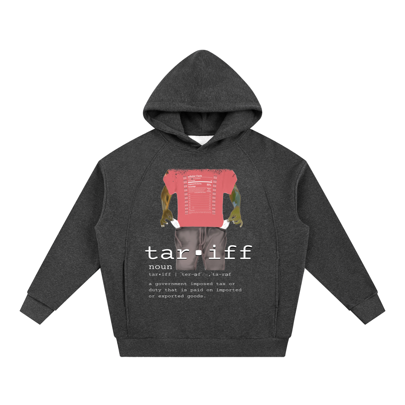 Dark gray hoodie with graphic design and text on a white background