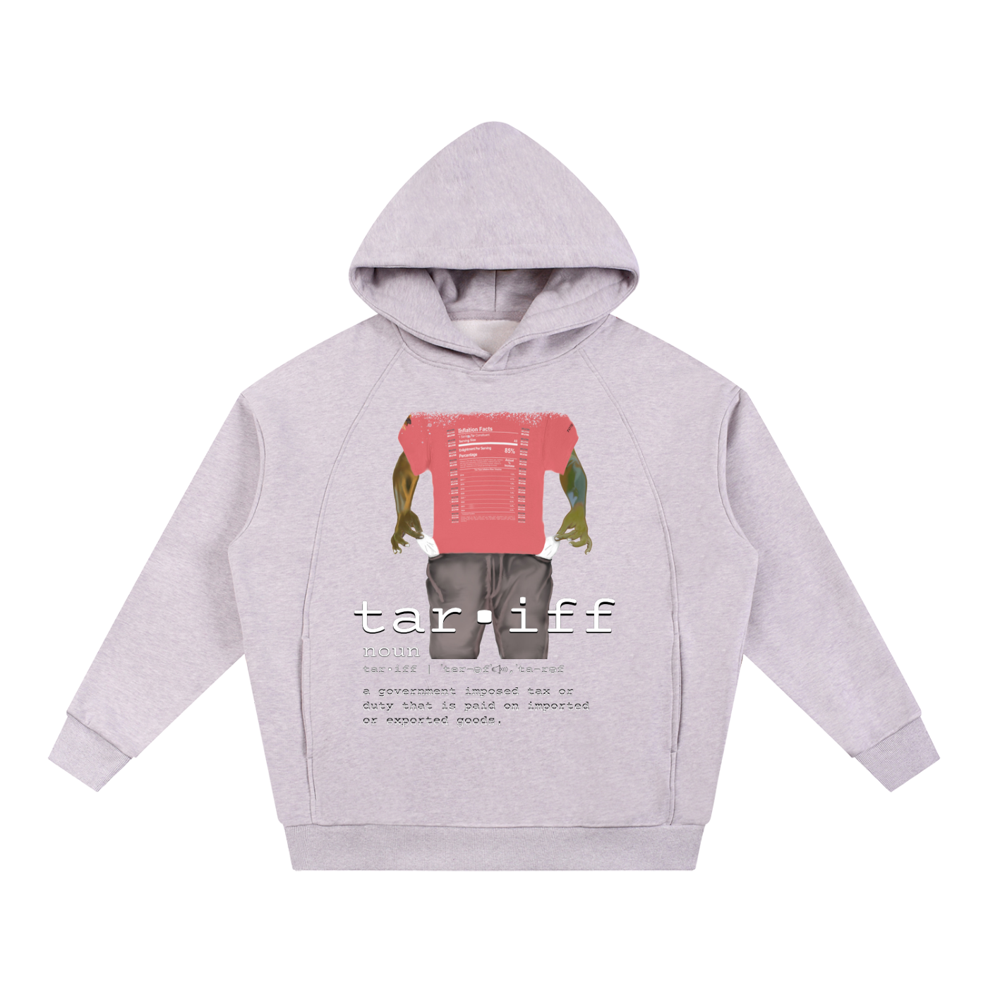 Gray hoodie with graphic design.