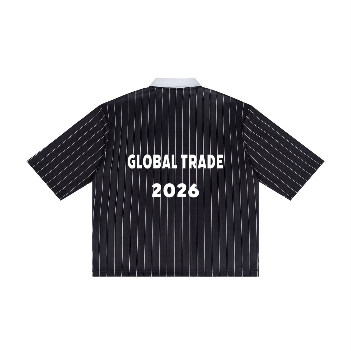 Recession Proof Definition 2026 Soccer Jersey Black pinstripe shirt with white text.