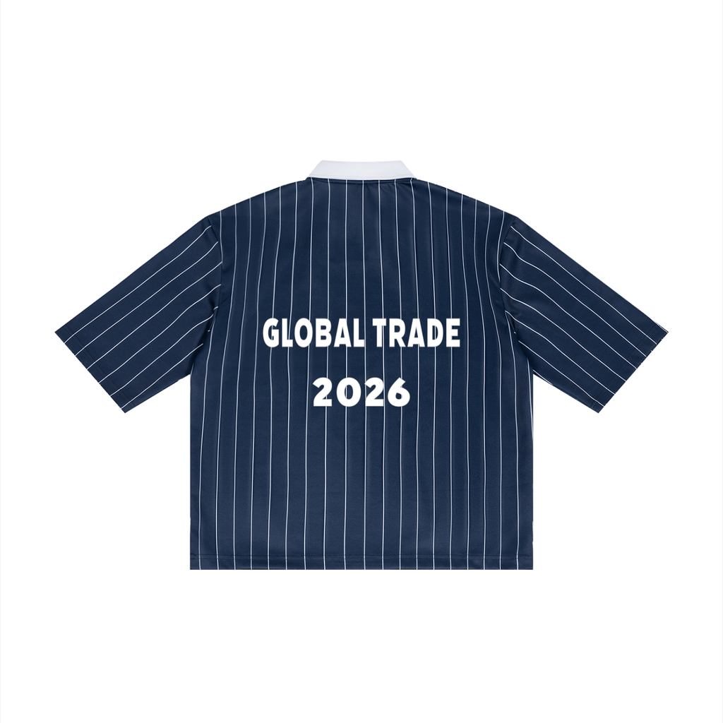 Recession Proof Definition 2026 Soccer Jersey Navy pinstripe shirt with white text.