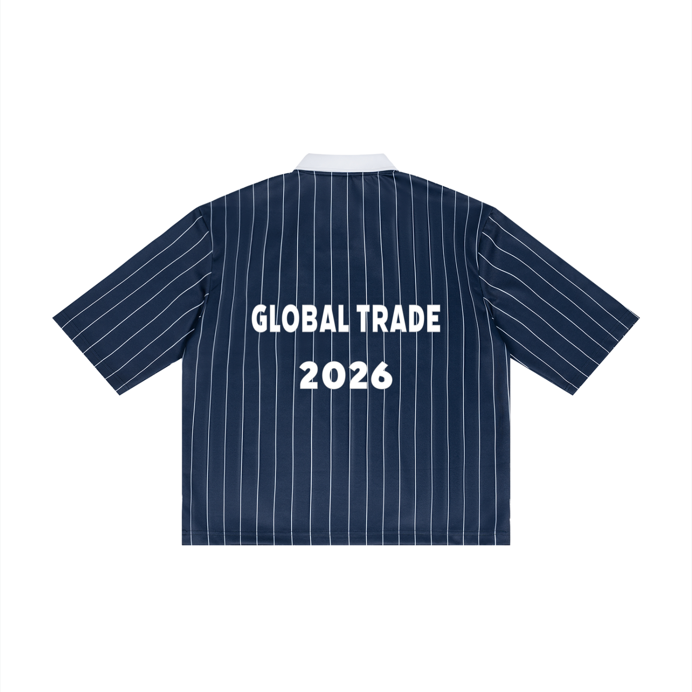 Recession Proof Definition 2026 Soccer Jersey Navy pinstripe shirt with white text.