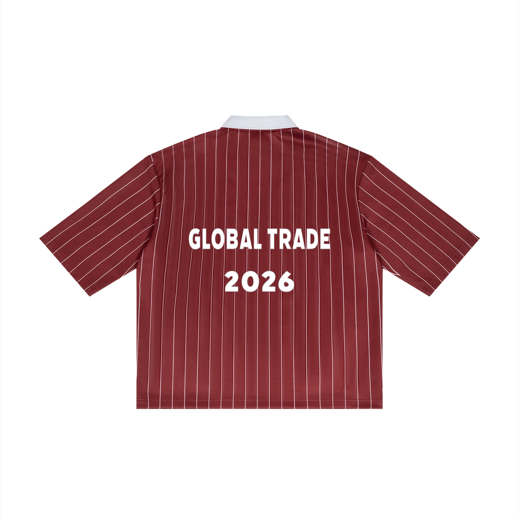 Recession Proof Definition 2026 Soccer Jersey Red pinstripe shirt with white text.