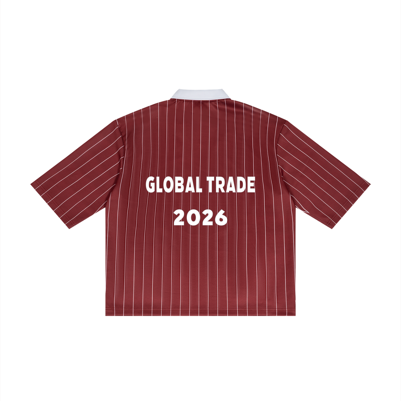 Recession Proof Definition 2026 Soccer Jersey Red pinstripe shirt with white text.