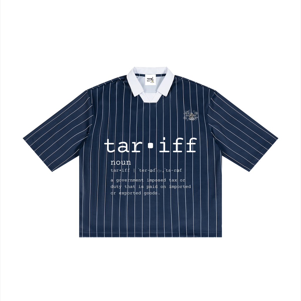 Recession Proof Definition 2026 Soccer Jersey Navy pinstripe shirt with white text.