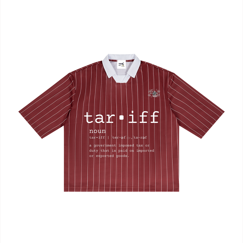 Recession Proof Definition 2026 Soccer Jersey Red pinstripe shirt with white text.