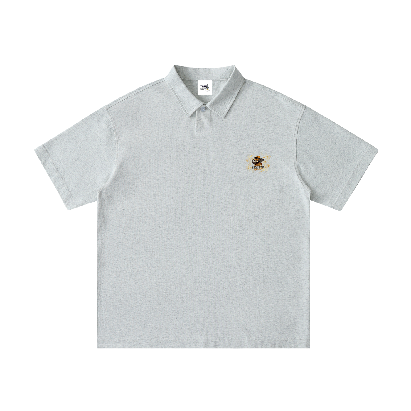 Light gray polo shirt with a Recession Proof Clothing logo on the chest.