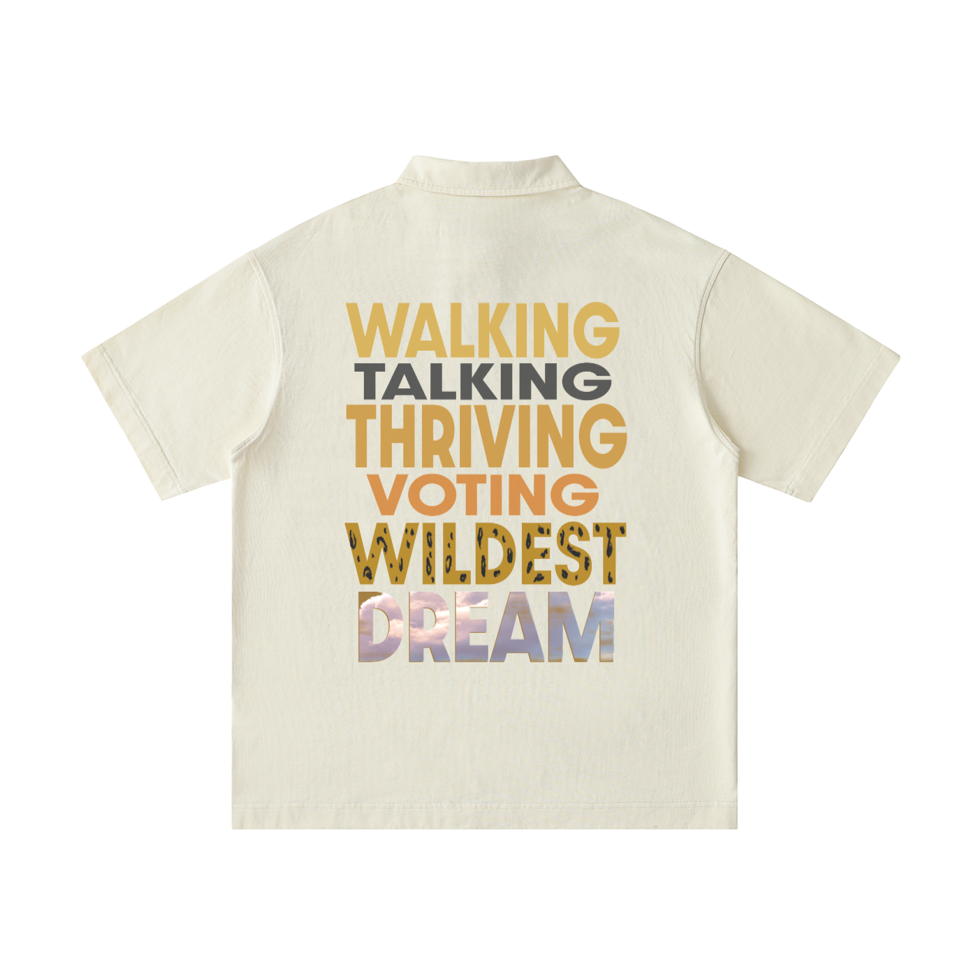 Apricot shirt with motivational text on the back.