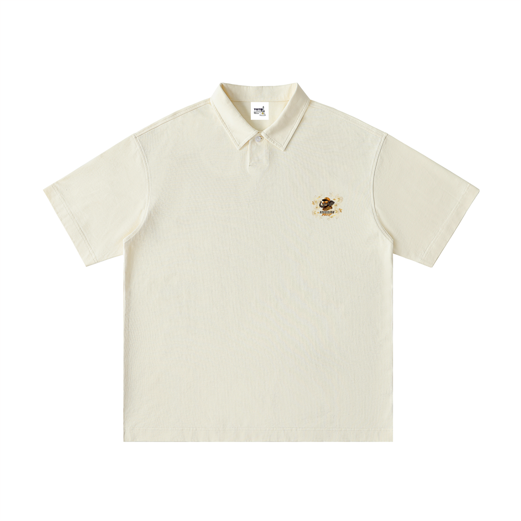 Apricot polo shirt with a Recession Proof logo.