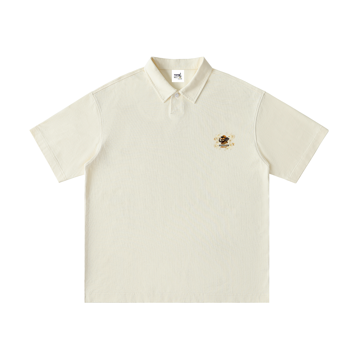 Apricot polo shirt with a Recession Proof logo.